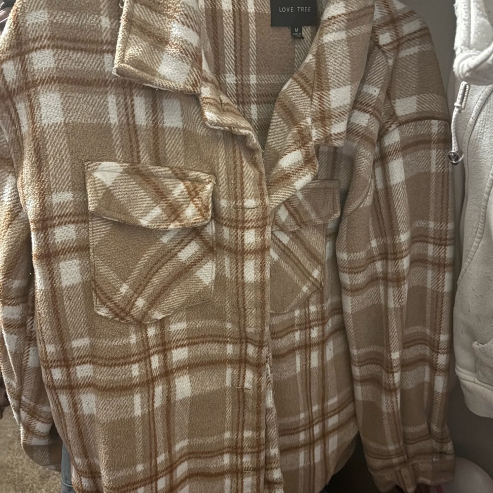 Love Tree Beige and White Plaid Fleece Shacket